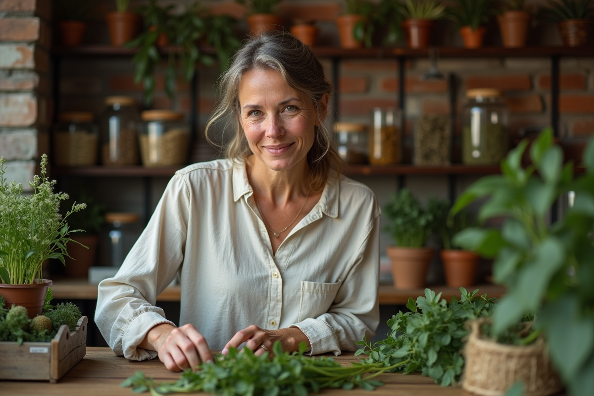 Herboriste femme arrangeant des herbes fraîches dans une boutique