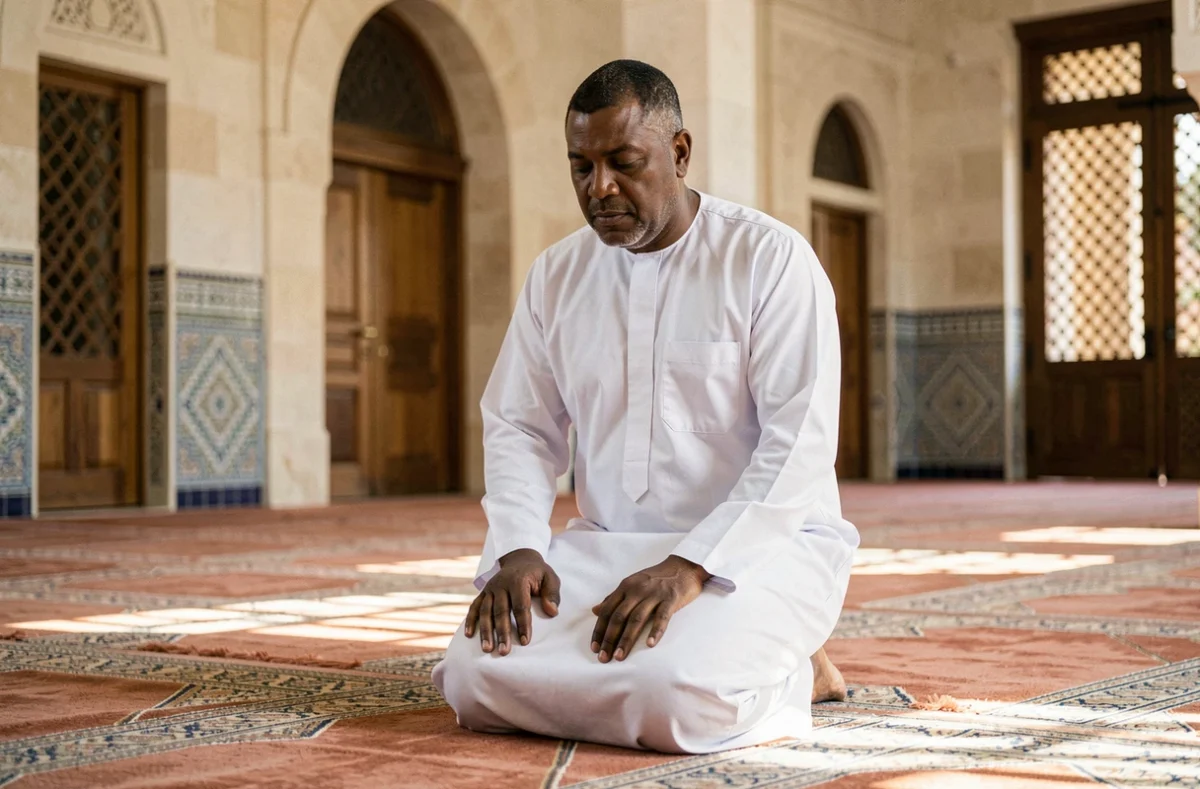 Homme en djellaba blanche priant sur un tapis dans une mosquée de Marseille, illustration de l'heure de prière