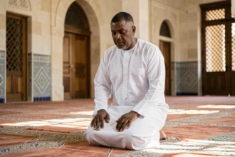 Homme en djellaba blanche priant sur un tapis dans une mosquée de Marseille, illustration de l'heure de prière
