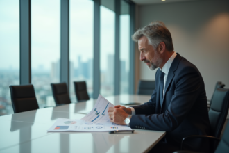 Homme d'affaires méditant devant des graphiques dans un bureau moderne