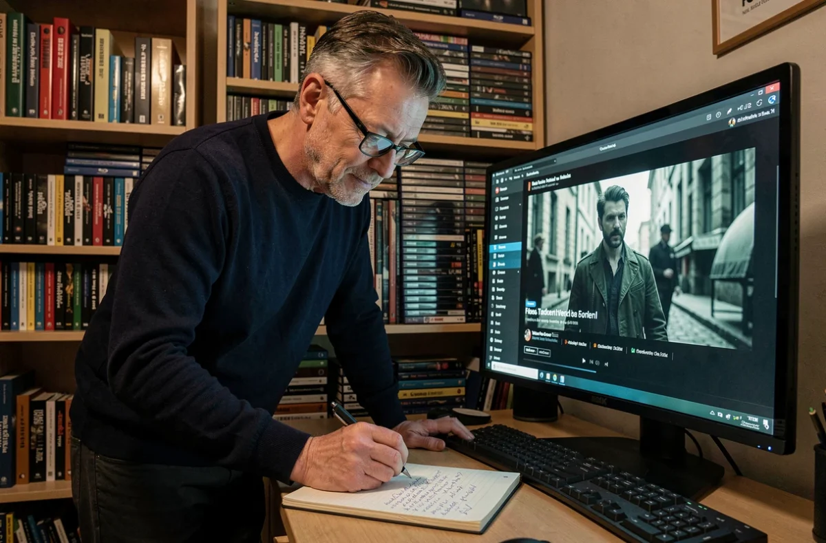 Homme analyste de films prenant des notes devant un écran Netflix dans un bureau nocturne rempli de livres de cinéma