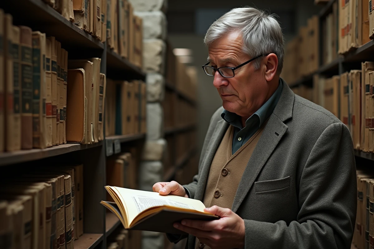 Homme feuilletant un classeur dans une salle d archives