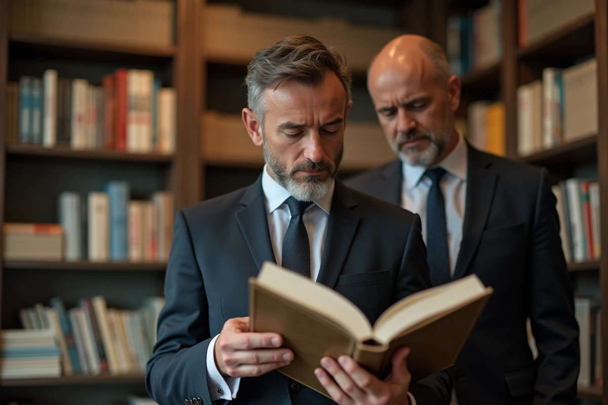 Homme en costume feuilletant un manga dans une librairie