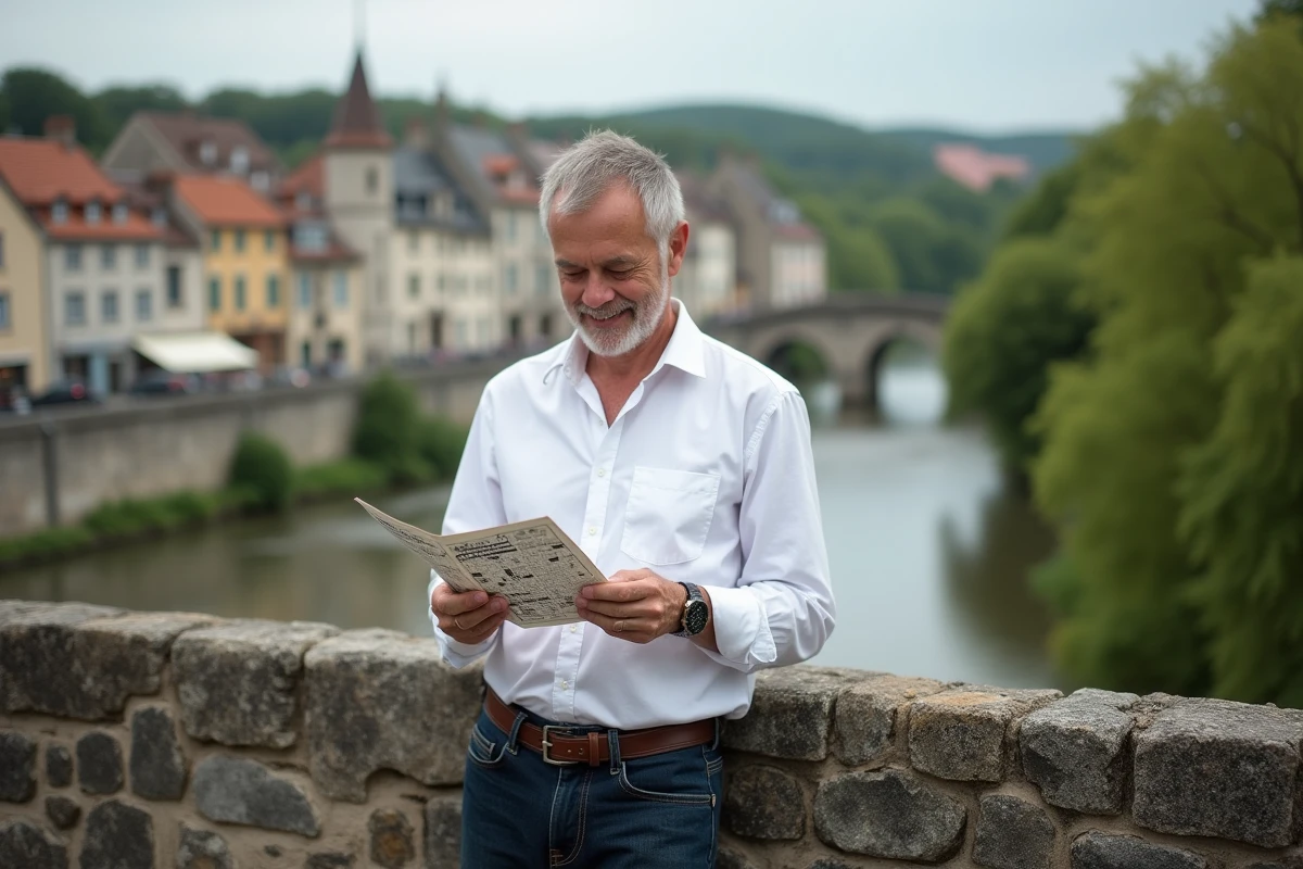 Homme regardant un puzzle sur le pont de Mayenne