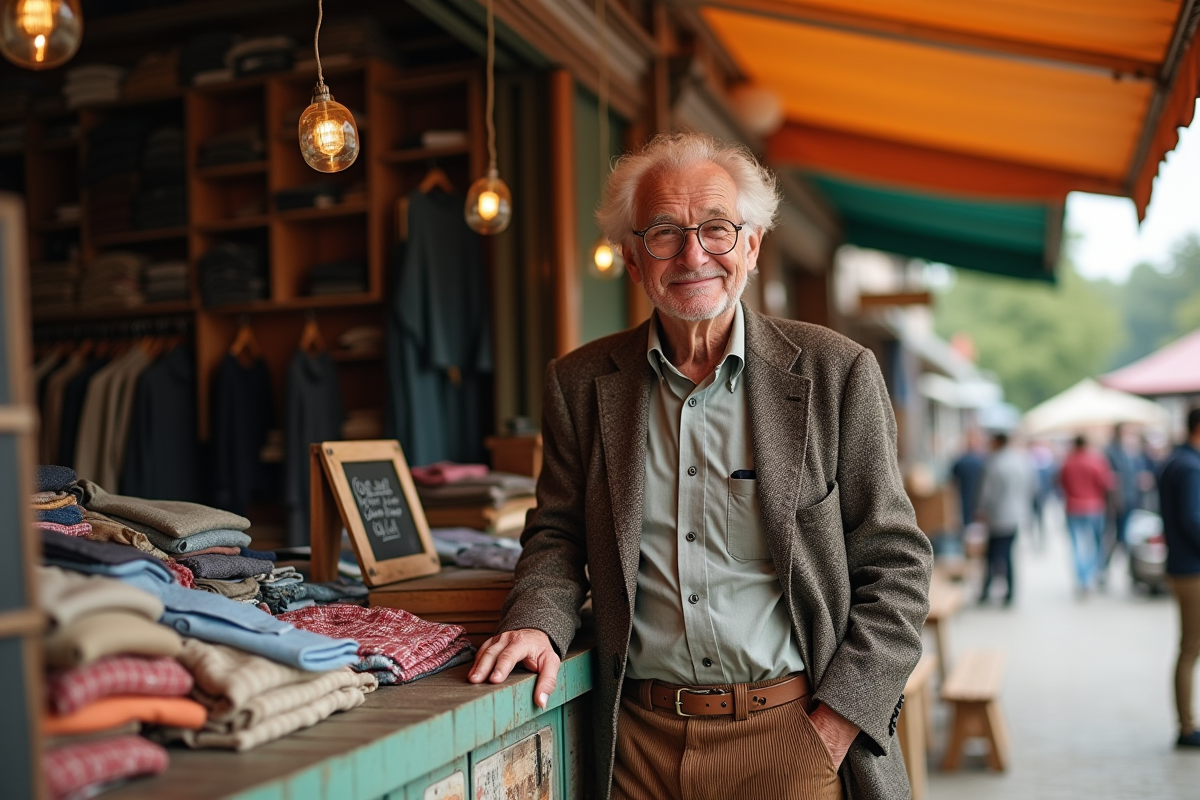 Homme souriant dans une brocante vintage en plein air