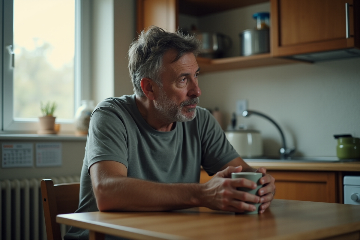 Homme d âge moyen tenant une tasse de café à la maison