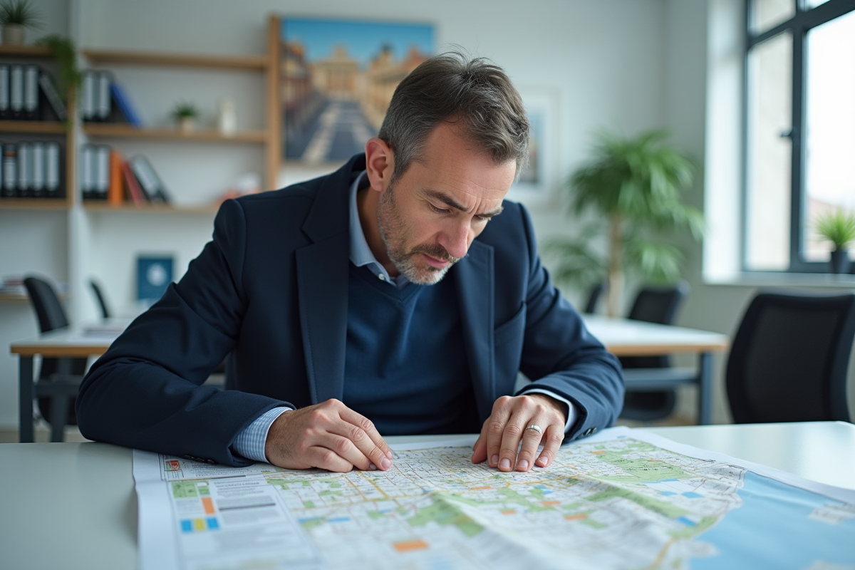 Homme concentré étudiant une carte de zonage urbaine