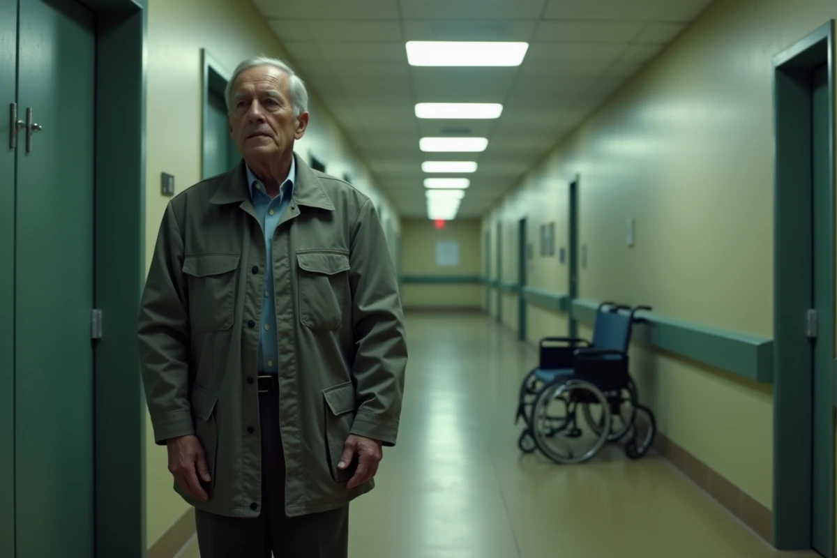 Homme d'âge mûr en état de panique dans un couloir d'hôpital, image évoquant la tension narrative de Destination Finale et ses origines