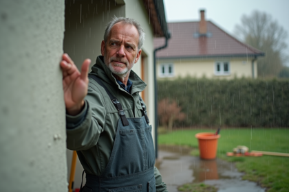 Homme en vêtements de travail examine un enduit extérieur sous la pluie