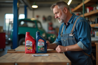 Homme d'âge moyen examine des huiles moteur dans un garage lumineux