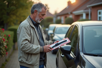Homme inspectant un paquet de balais wiper près de sa voiture