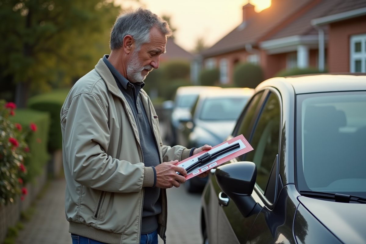 Homme inspectant un paquet de balais wiper près de sa voiture