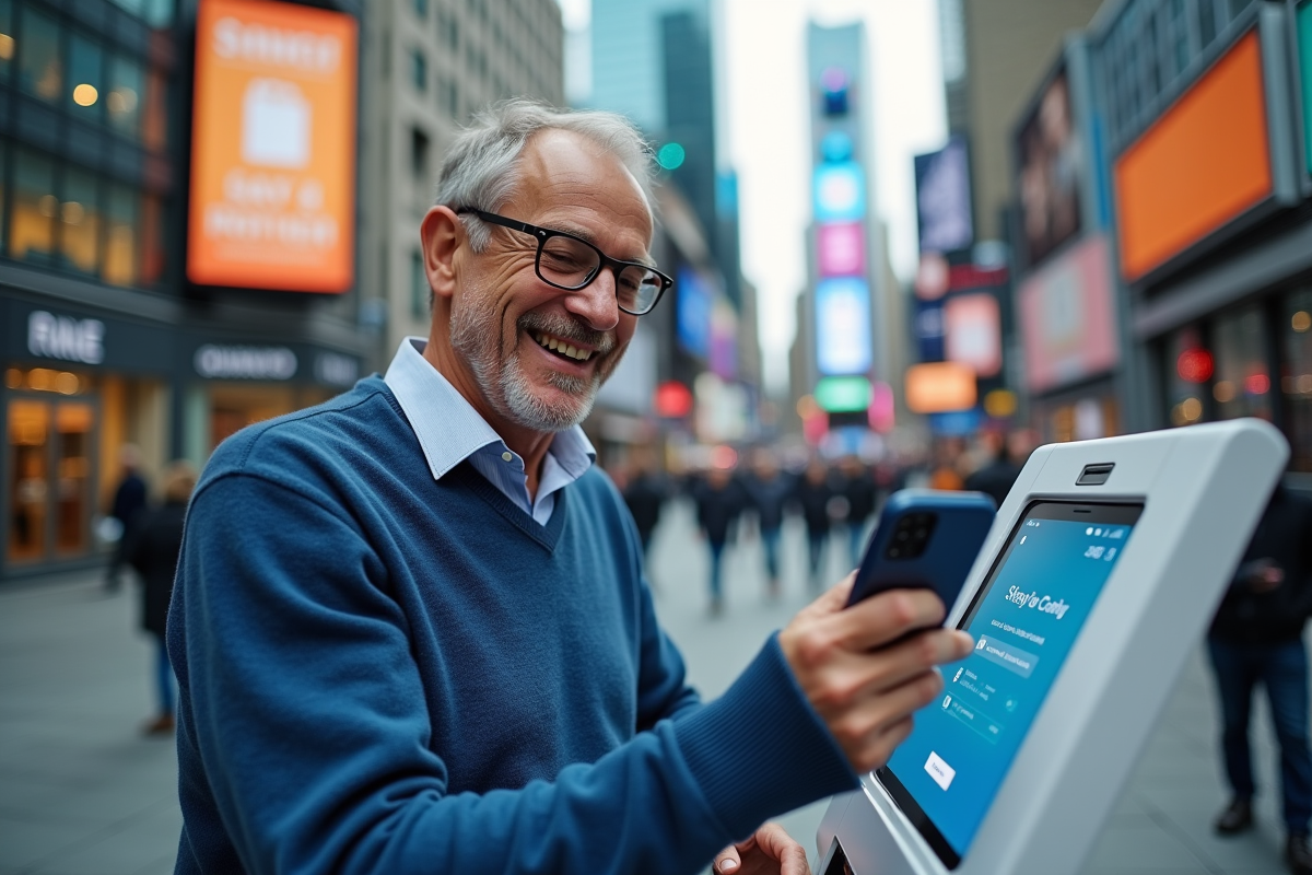 Homme souriant effectuant une transaction blockchain en ville
