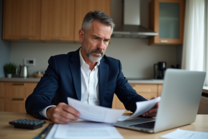 Homme d'âge moyen en costume bleu examine des documents fiscaux