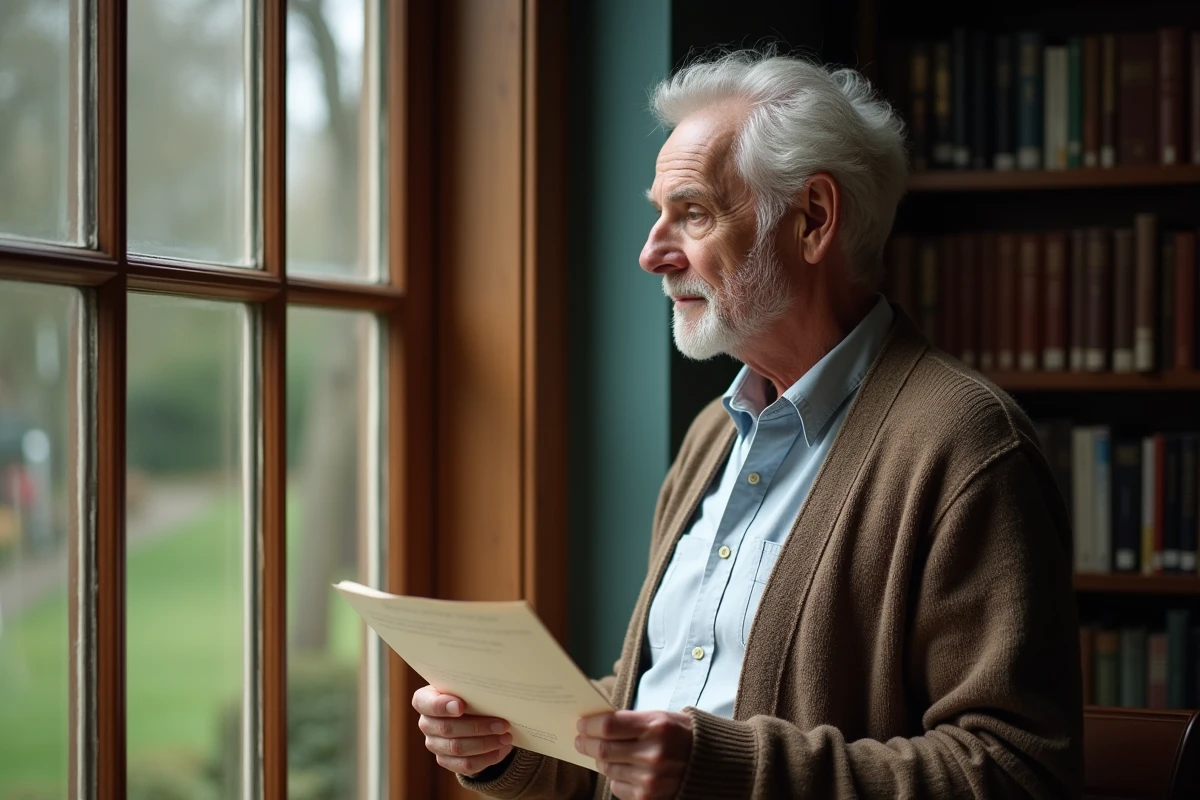 Homme âgé regardant un livre dans une bibliothèque