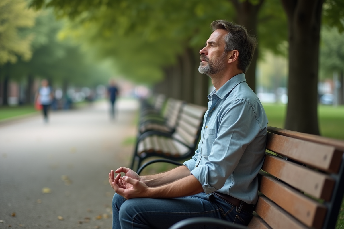 Homme méditant assis sur un banc dans un parc urbain