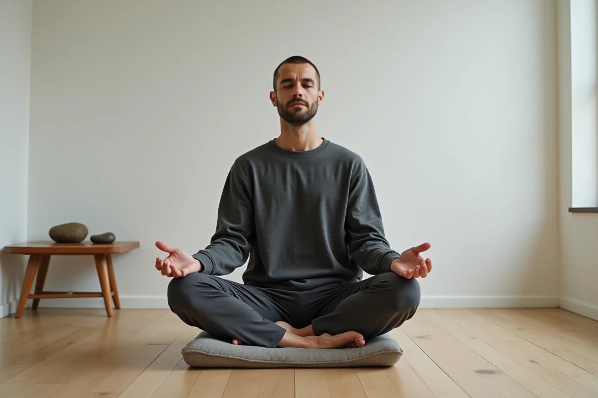 Homme en méditation sur un coussin dans une pièce minimaliste, évoquant la pratique du mantra et la puissance des mots choisis