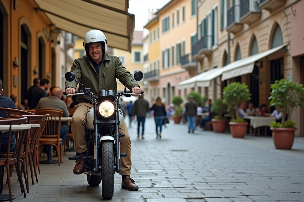 Homme en casque et veste à côté de sa moto au café