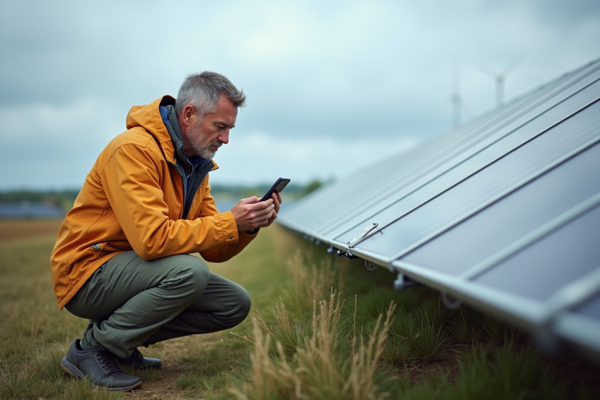 Homme vérifiant un code QR sur des panneaux solaires en extérieur