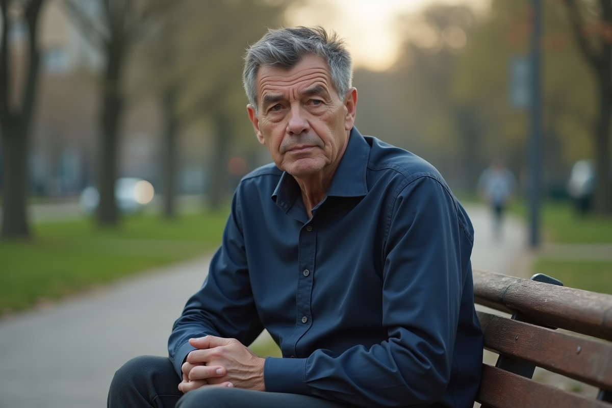 Homme assis seul sur un banc dans un parc au printemps