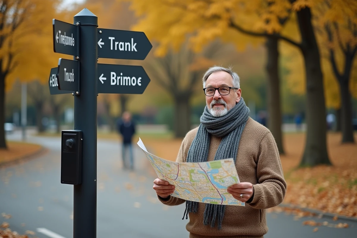 Homme regardant une carte dans un parc automnal