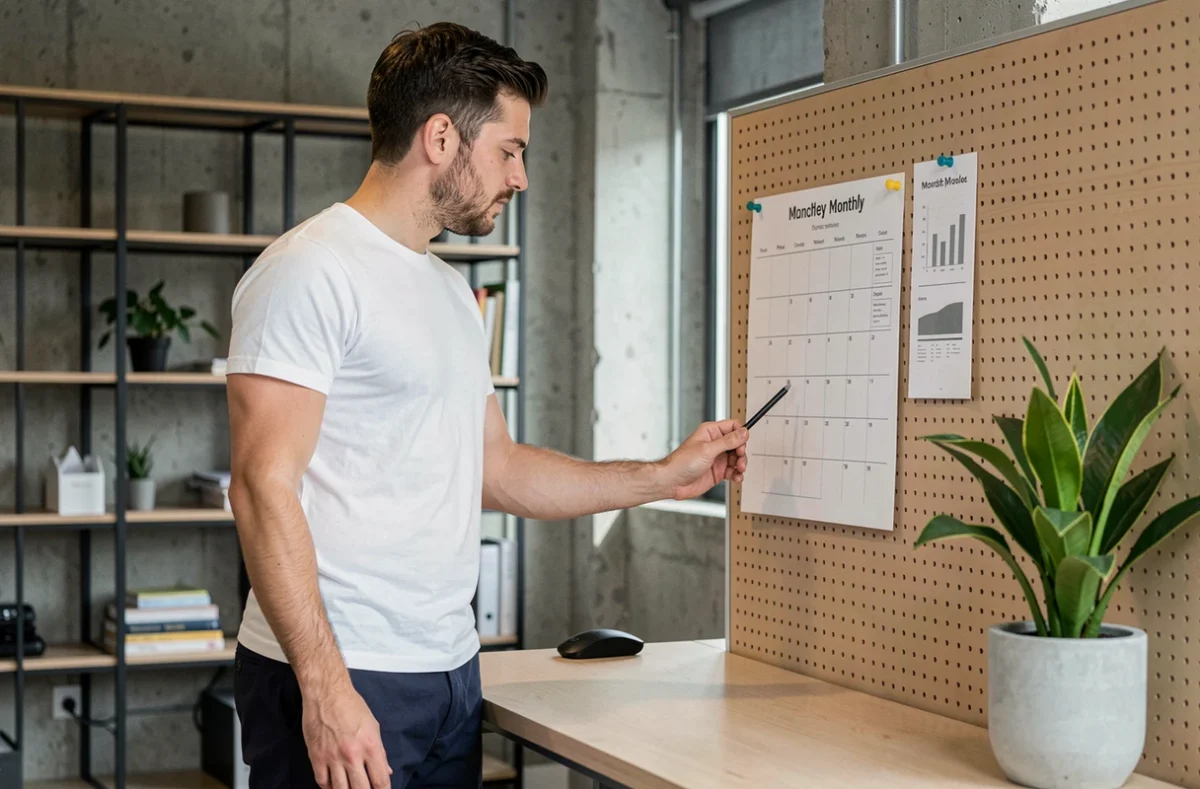 Homme consultant un planning mensuel minimaliste imprimé affiché sur un panneau pegboard dans un espace de coworking moderne