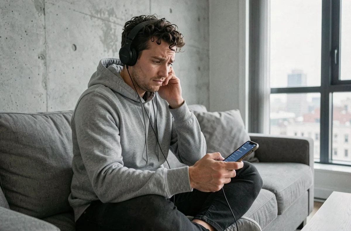 Homme parcourant une playlist musicale sur smartphone cherchant à comprendre les abréviations de recherche musicale comme aj Les