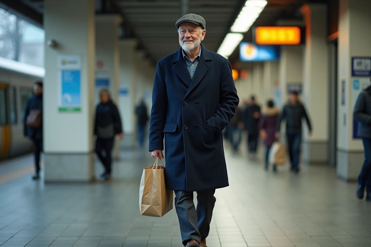 Homme âgé marchant dans une station de métro