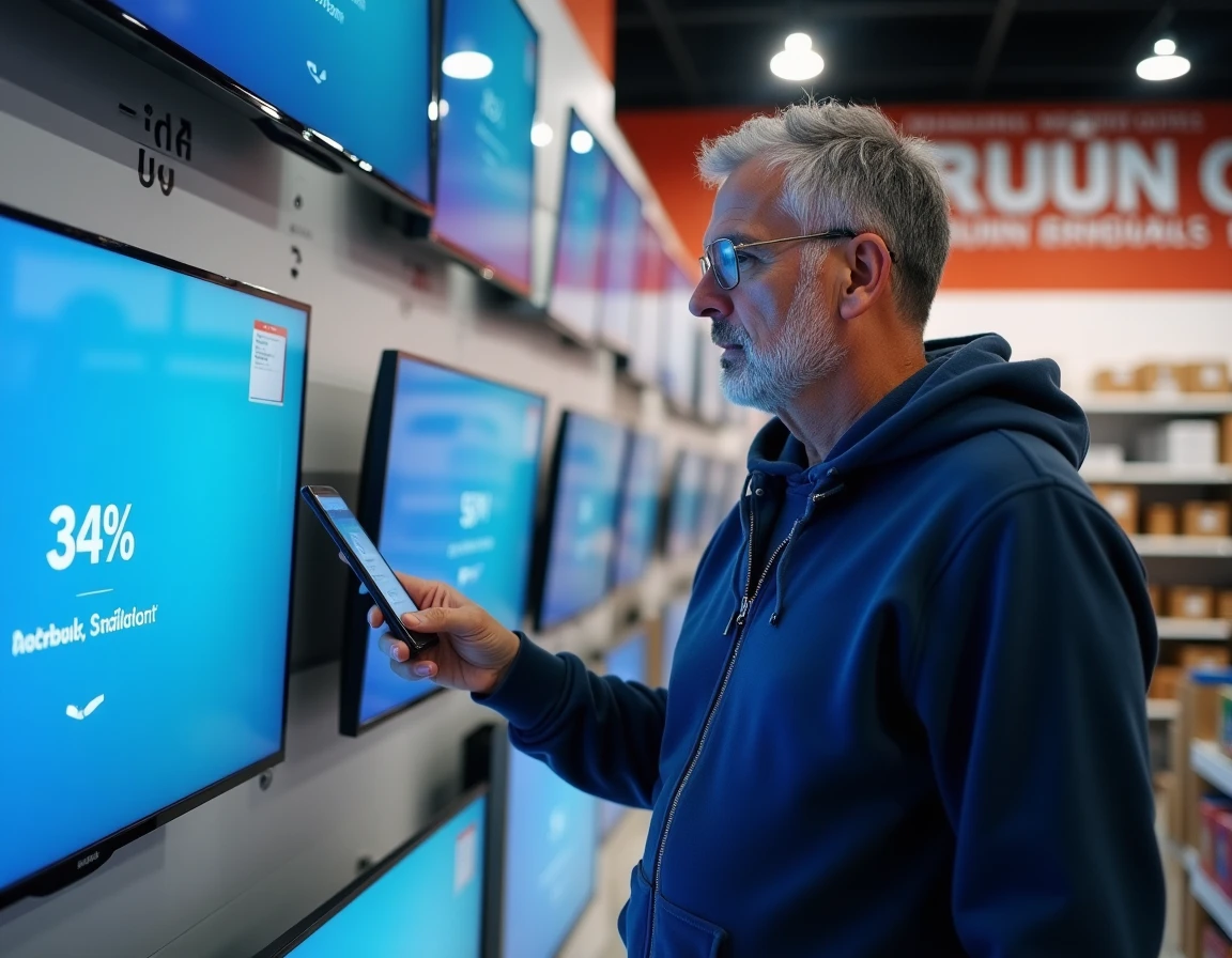 Homme examinant les promotions sur les téléviseurs et tablettes Samsung dans un magasin d'électronique