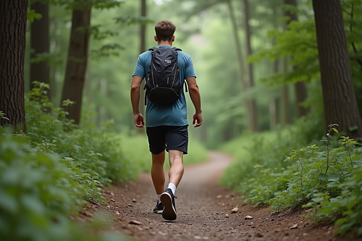 Jeune homme en vêtements de sport grimpe un sentier forestier