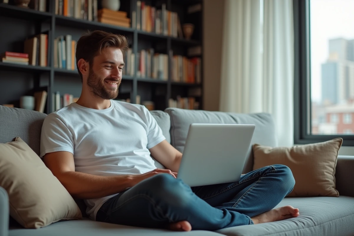 Homme naviguant sur une plateforme de rencontre en ligne depuis son appartement, représentation du tchat Chérie FM et de ses fonctionnalités