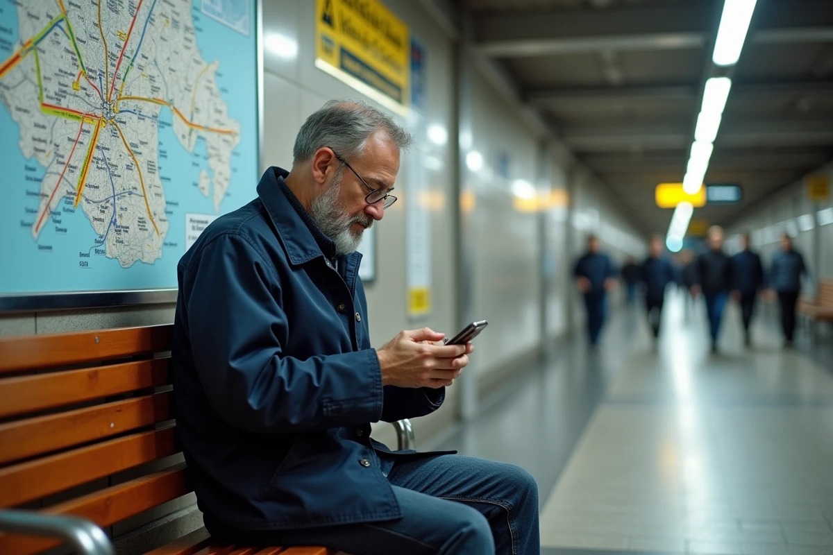 Homme avec smartphone dans station de métro parisien