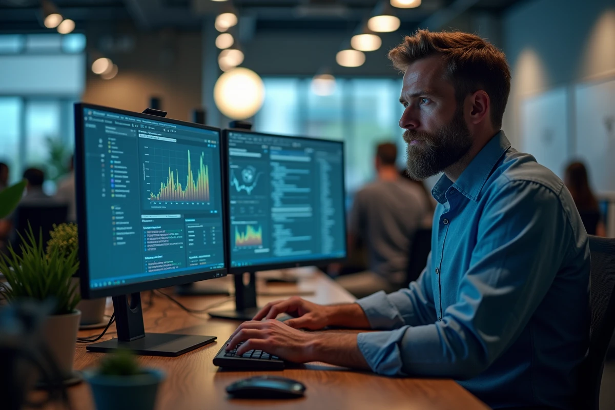 Homme barbu surveillant des écrans avec graphiques dans un bureau ouvert