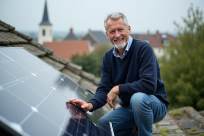 Homme souriant vérifiant un panneau solaire sur un toit résidentiel