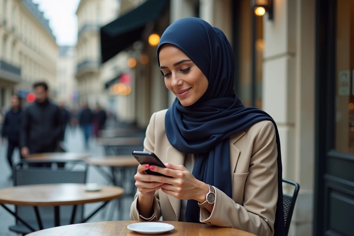 Femme musulmane consultant les horaires de prière sur son téléphone à une terrasse de café parisien