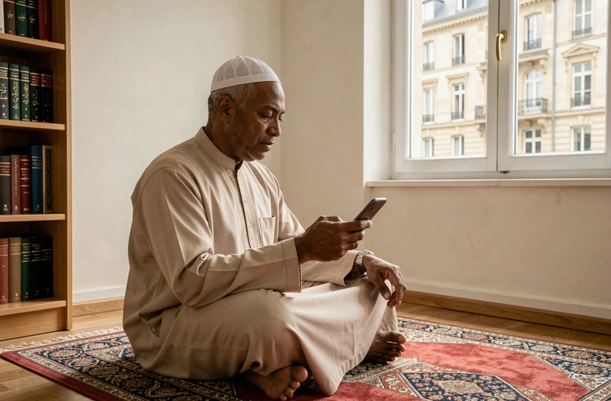 Homme consultant les horaires de prière sur smartphone à Reims, assis sur un tapis de prière dans un appartement