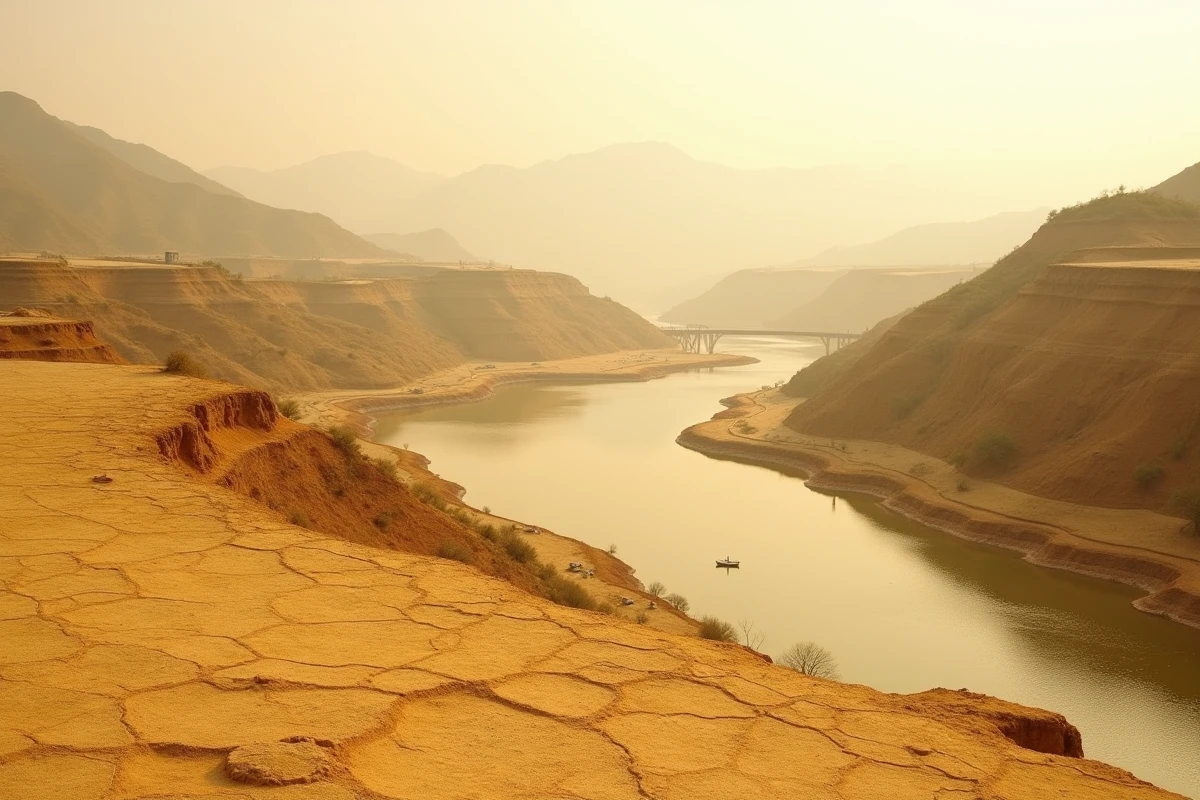 Le Fleuve Jaune aux méandres instables traversant le plateau de lœss jaune ocre de Chine du Nord