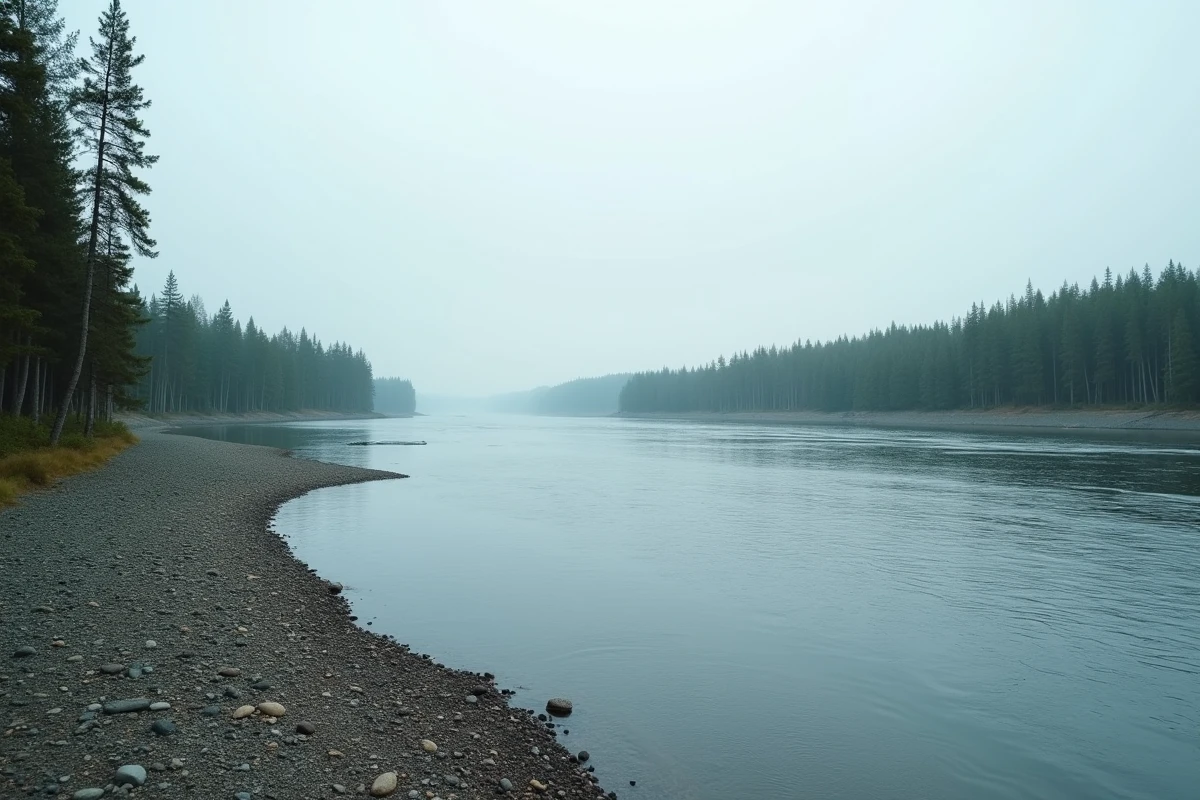 L'Ienisseï coulant à travers la taïga sibérienne avec ses immenses rives de gravier et une forêt de conifères
