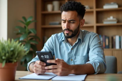 Homme consultant un indicatif pays international +212 sur son smartphone dans un bureau à domicile