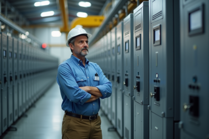 Ingénieur homme examinant une grande batterie industrielle