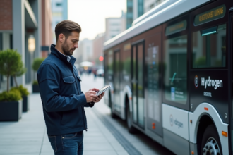 Jeune ingénieur inspectant une pile a hydrogene en ville