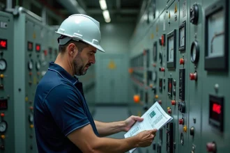 Ingénieur nucléaire consultant la documentation ISO 19443 devant un panneau de contrôle industriel à Marseille