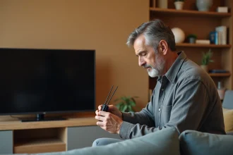 Homme installant une antenne TNT intérieure dans un salon moderne près d'un téléviseur