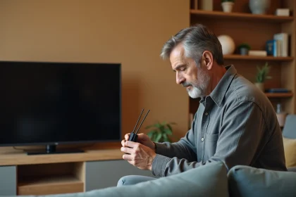 Homme installant une antenne TNT intérieure dans un salon moderne près d'un téléviseur