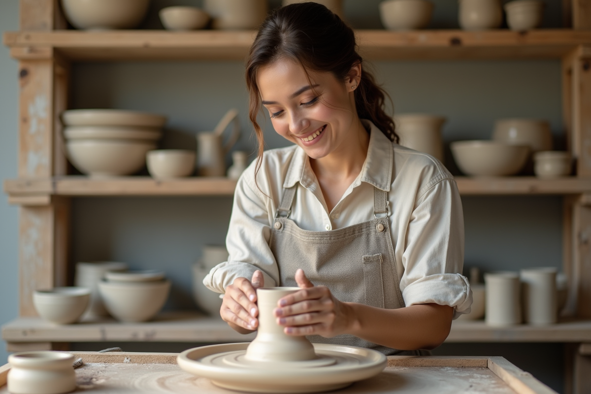 Jeune femme céramiste façonnant de l