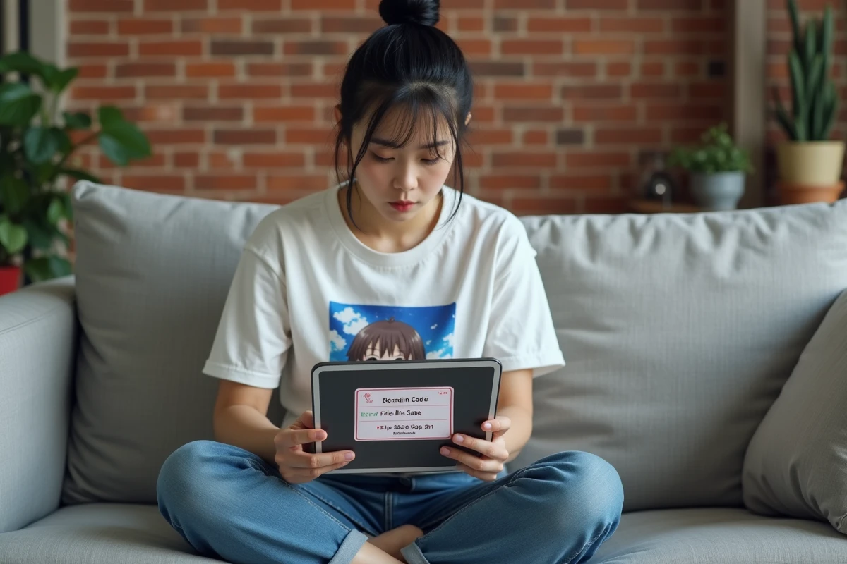 Jeune femme analysant la validité d'un code expiré sur une tablette dans son appartement