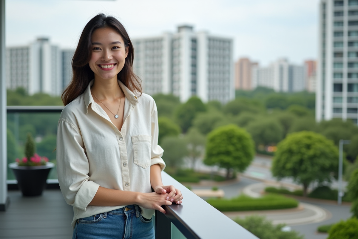 Jeune femme souriante sur un balcon avec vue urbaine