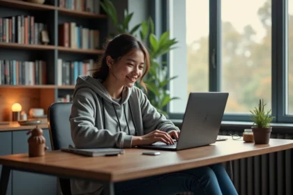 Jeune femme en hoodie geek dans un bureau moderne