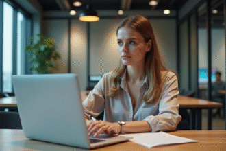 Jeune femme professionnelle au bureau avec ordinateur