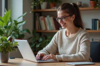 Jeune femme au bureau travaillant sur son ordinateur